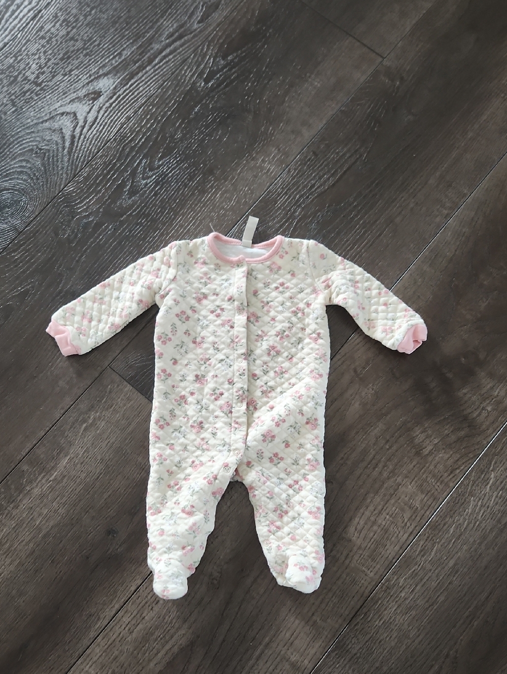 chick pea Cream Quilted Footed One-Piece with Pink Trim and Floral Print